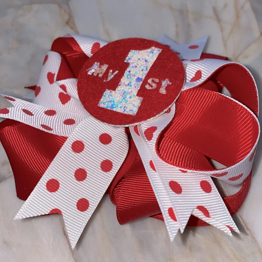 Girls Red White My‎ 1st Birthday Bow Headband Polka Dot Heart Princess Accessory